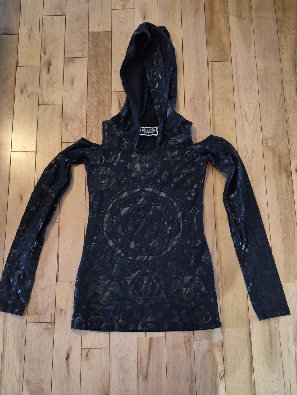 Killstar Women's Size Medium Mystic Graphic Black Cold-Shoulder Hooded Top